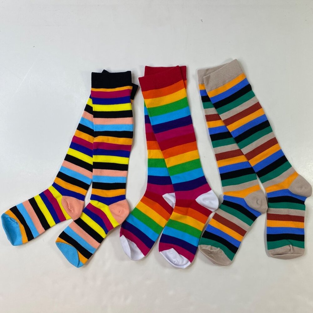 Unisex Knee High Socks Set 3 Striped Rainbow Black Yellow Blue Red Beige Green